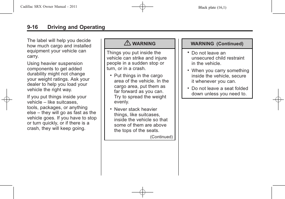 16 driving and operating | Cadillac 2011 SRX User Manual | Page 292 / 498