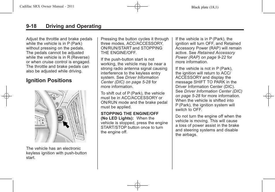 Ignition positions, Ignition, Ignition positions -18 | Cadillac 2011 SRX User Manual | Page 294 / 498