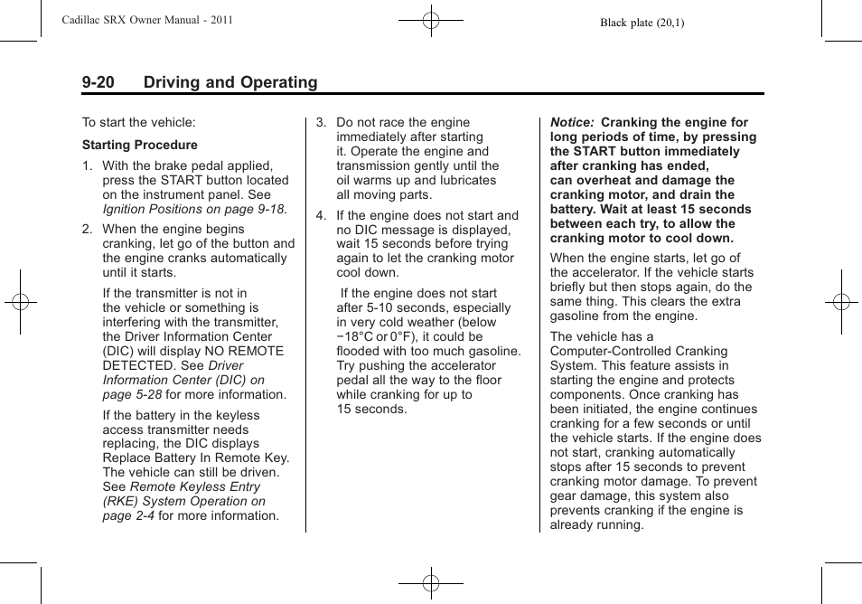 20 driving and operating | Cadillac 2011 SRX User Manual | Page 296 / 498