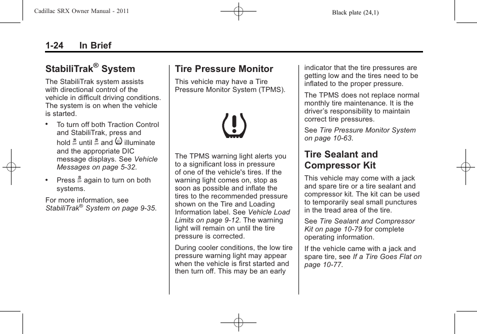 Stabilitrak® system, Tire pressure monitor, Tire sealant and compressor kit | Stabilitrak, System -24, Pressure monitor -24 tire sealant and, Compressor kit -24, System | Cadillac 2011 SRX User Manual | Page 30 / 498