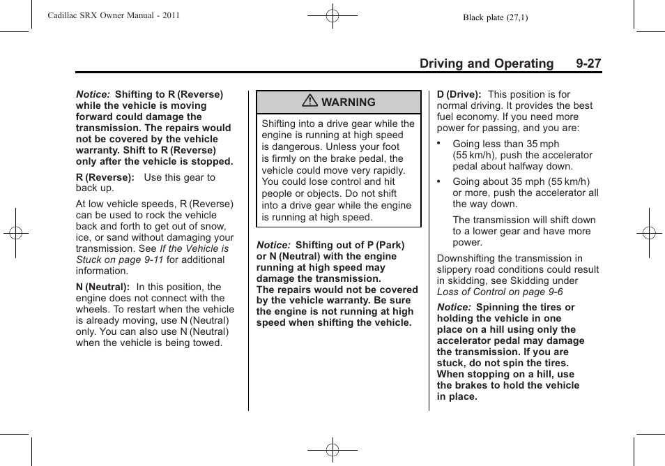 Driving and operating 9-27 | Cadillac 2011 SRX User Manual | Page 303 / 498