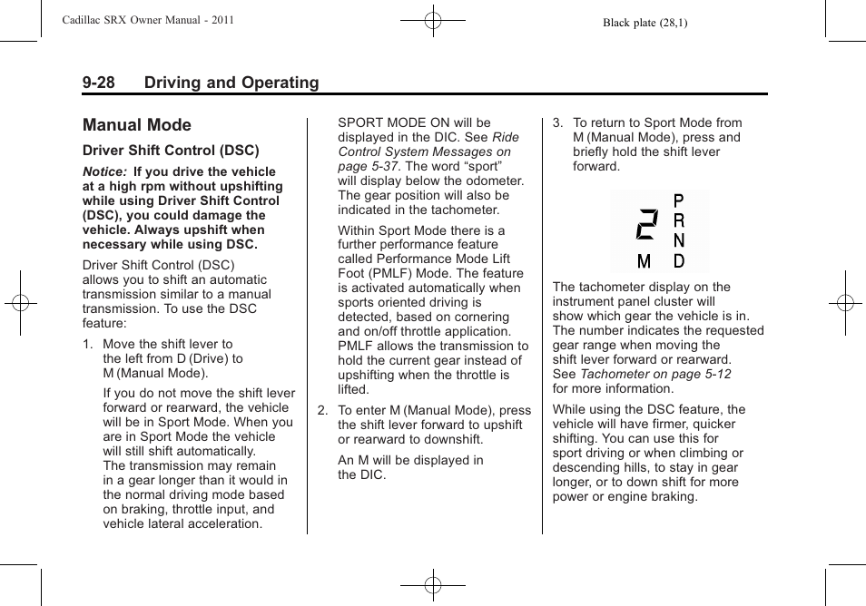 Manual mode, Manual mode -28, Fuel | 28 driving and operating | Cadillac 2011 SRX User Manual | Page 304 / 498