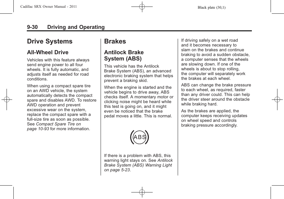 Drive systems, All-wheel drive, Brakes | Antilock brake system (abs), Drive systems -30, Drive -30, Antilock brake, System (abs) -30, Fuel | Cadillac 2011 SRX User Manual | Page 306 / 498