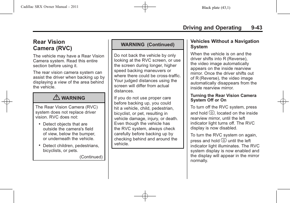Rear vision camera (rvc), Rear vision, Camera (rvc) -43 | Cadillac 2011 SRX User Manual | Page 319 / 498