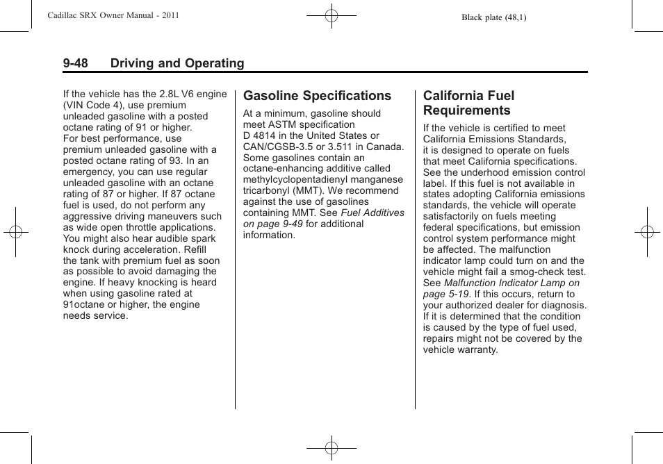 Gasoline specifications, California fuel requirements, Gasoline specifications -48 california fuel | Requirements -48 | Cadillac 2011 SRX User Manual | Page 324 / 498