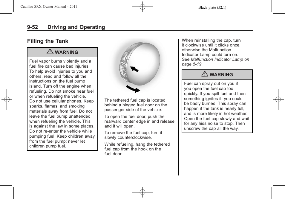 Filling the tank, The tank -52 | Cadillac 2011 SRX User Manual | Page 328 / 498