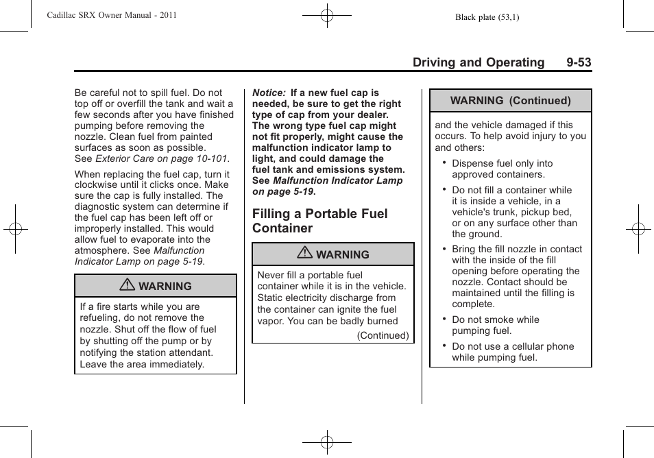 Filling a portable fuel container, Filling a portable fuel, Container -53 | Driving and operating 9-53 | Cadillac 2011 SRX User Manual | Page 329 / 498