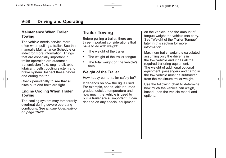 Trailer towing, Trailer towing -58, Expect | 58 driving and operating | Cadillac 2011 SRX User Manual | Page 334 / 498