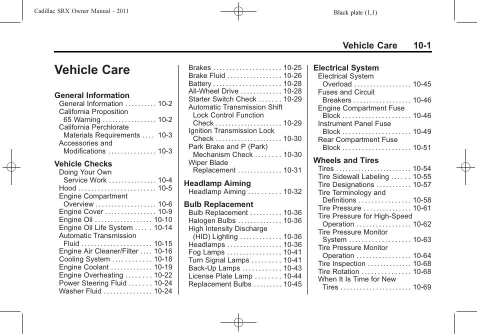 Vehicle care, Vehicle care -1, Vehicle care 10-1 | Cadillac 2011 SRX User Manual | Page 339 / 498