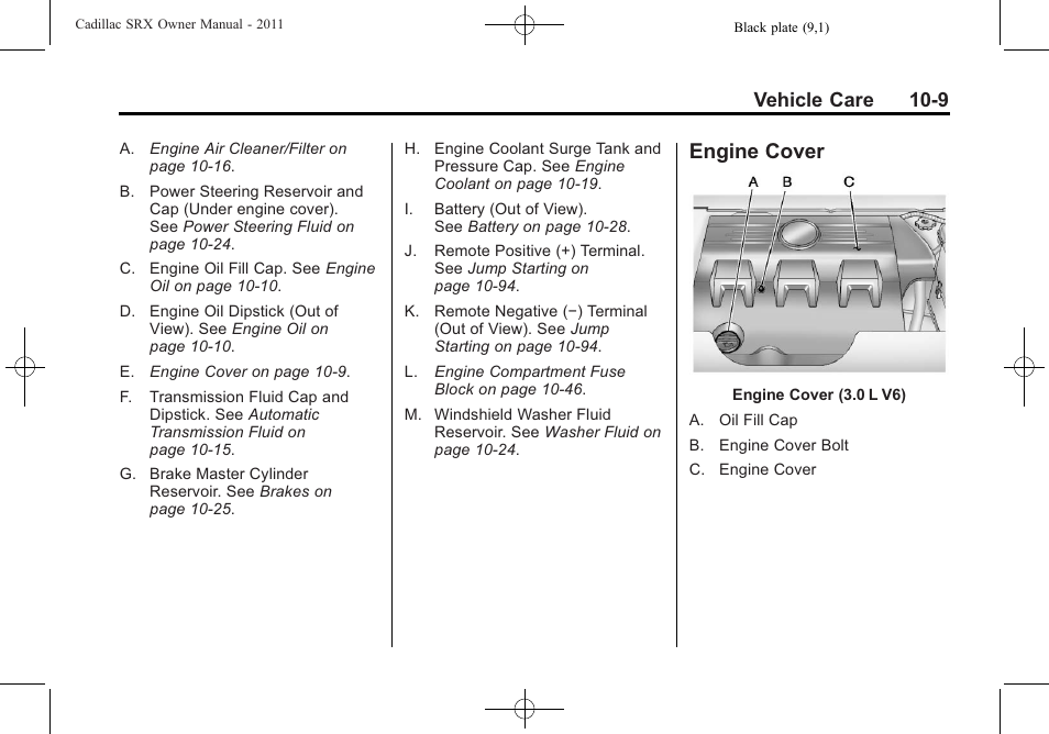 Engine cover, Engine cover -9, Vehicle care 10-9 | Cadillac 2011 SRX User Manual | Page 347 / 498