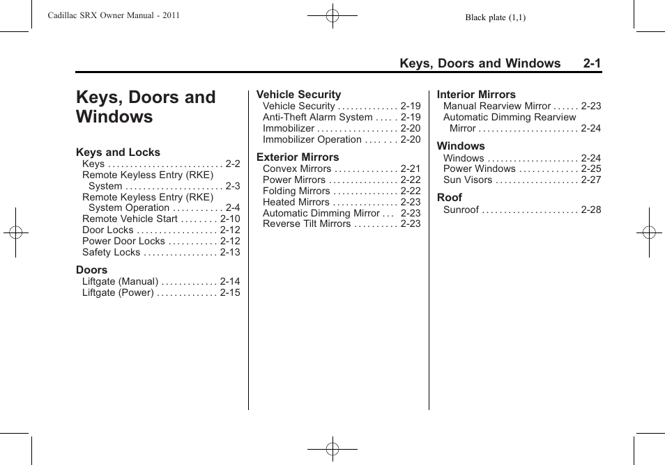 Keys, doors and windows, Keys, doors and windows -1 | Cadillac 2011 SRX User Manual | Page 35 / 498