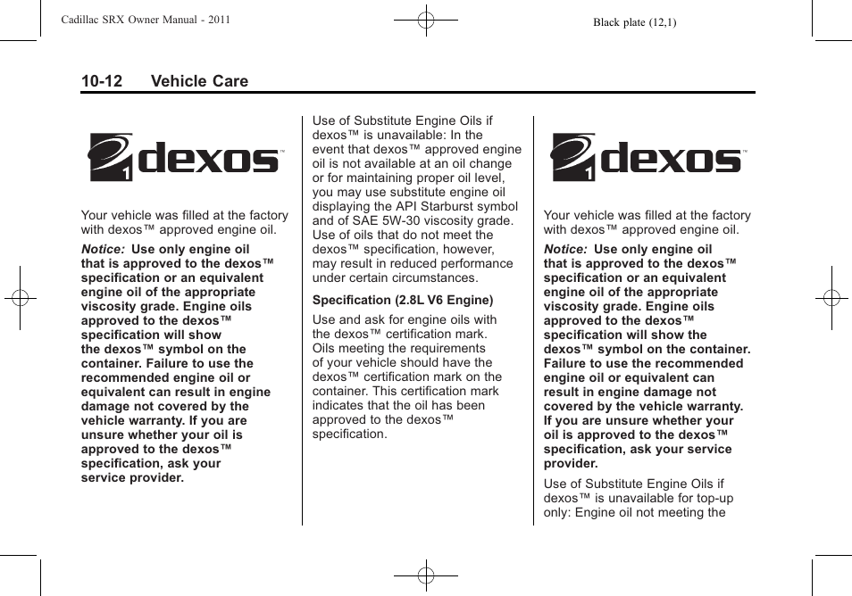 12 vehicle care | Cadillac 2011 SRX User Manual | Page 350 / 498