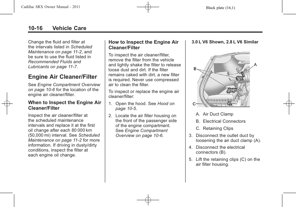 Engine air cleaner/filter, Engine air cleaner/filter -16, Engine air cleaner/filter on | 16 vehicle care | Cadillac 2011 SRX User Manual | Page 354 / 498