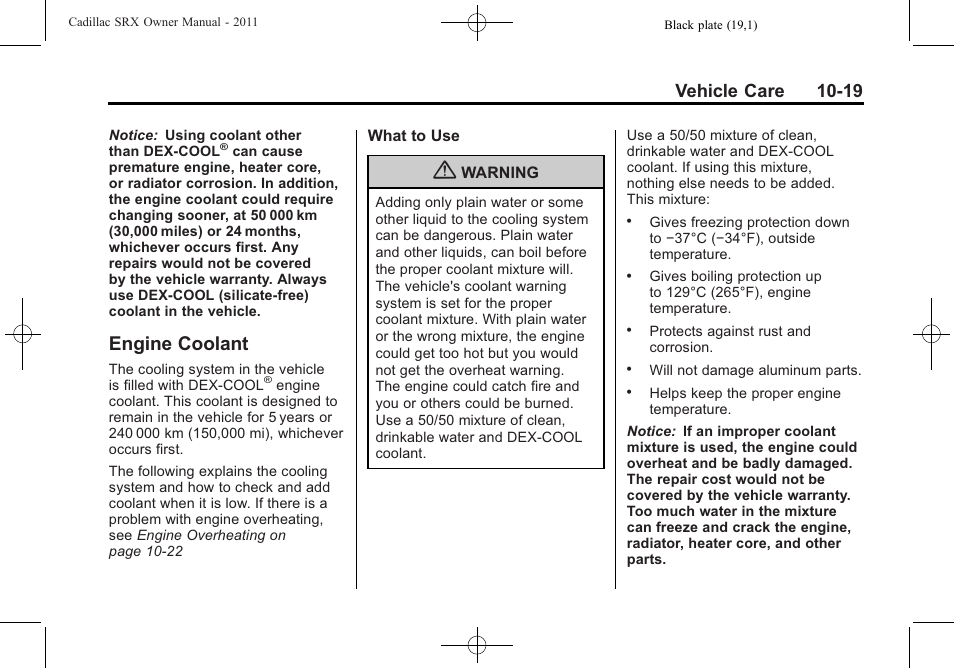 Engine coolant, Engine coolant -19, Back-up | Vehicle care 10-19 | Cadillac 2011 SRX User Manual | Page 357 / 498