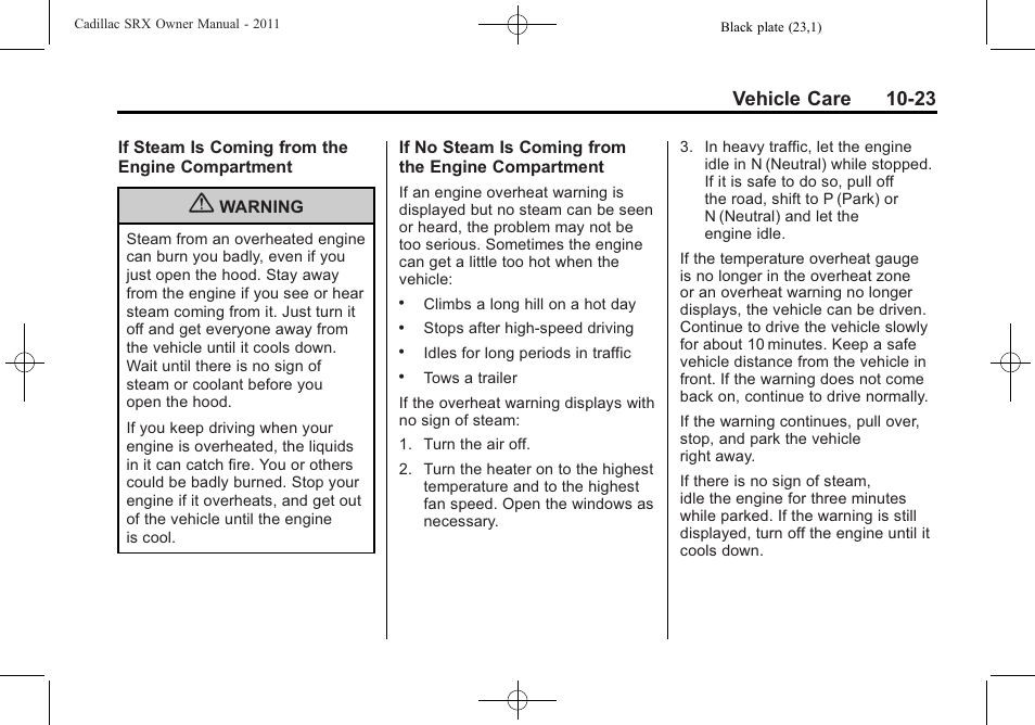 Vehicle care 10-23 | Cadillac 2011 SRX User Manual | Page 361 / 498