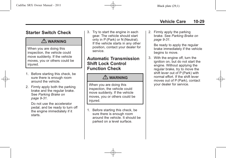Starter switch check, Lock control function check -29 | Cadillac 2011 SRX User Manual | Page 367 / 498
