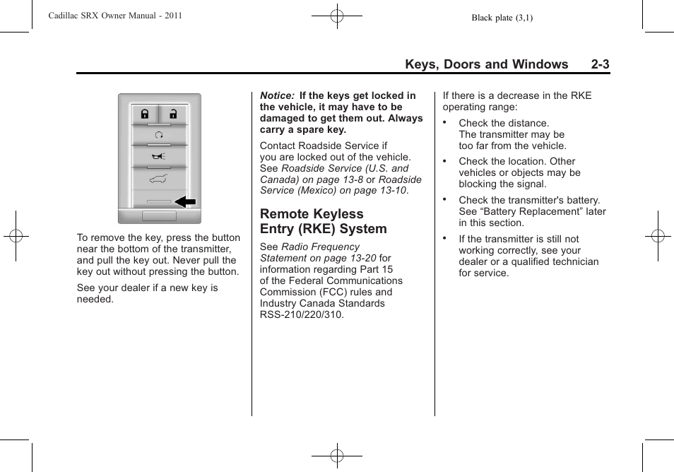 Remote keyless entry (rke) system, Remote keyless entry (rke), System -3 | Keys, doors and windows 2-3 | Cadillac 2011 SRX User Manual | Page 37 / 498