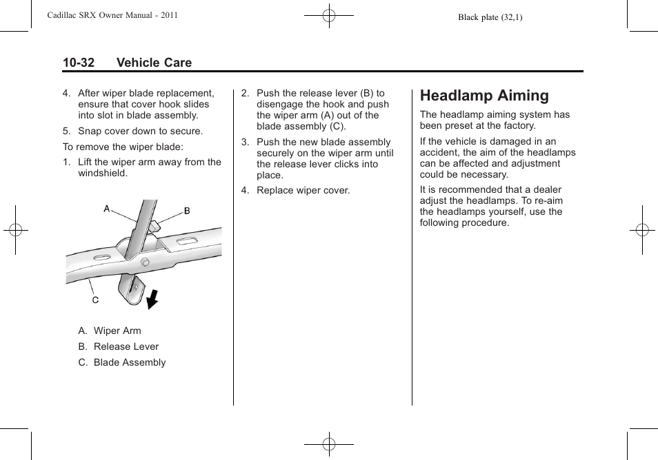 Headlamp aiming, Headlamp aiming -32, 32 vehicle care | Cadillac 2011 SRX User Manual | Page 370 / 498