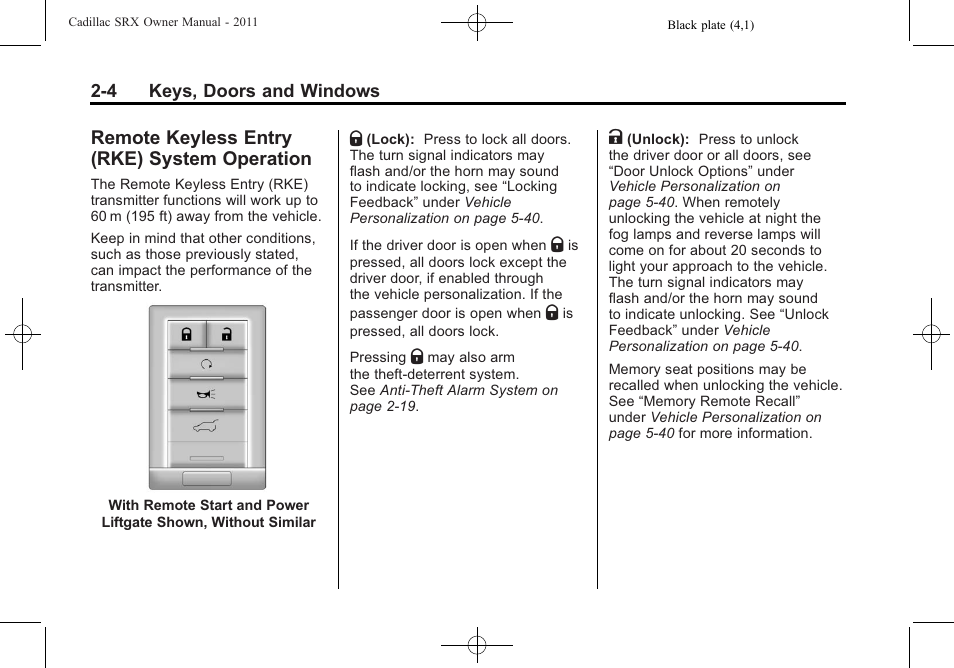Remote keyless entry (rke) system operation, Remote keyless entry (rke), System operation -4 | Automatic | Cadillac 2011 SRX User Manual | Page 38 / 498
