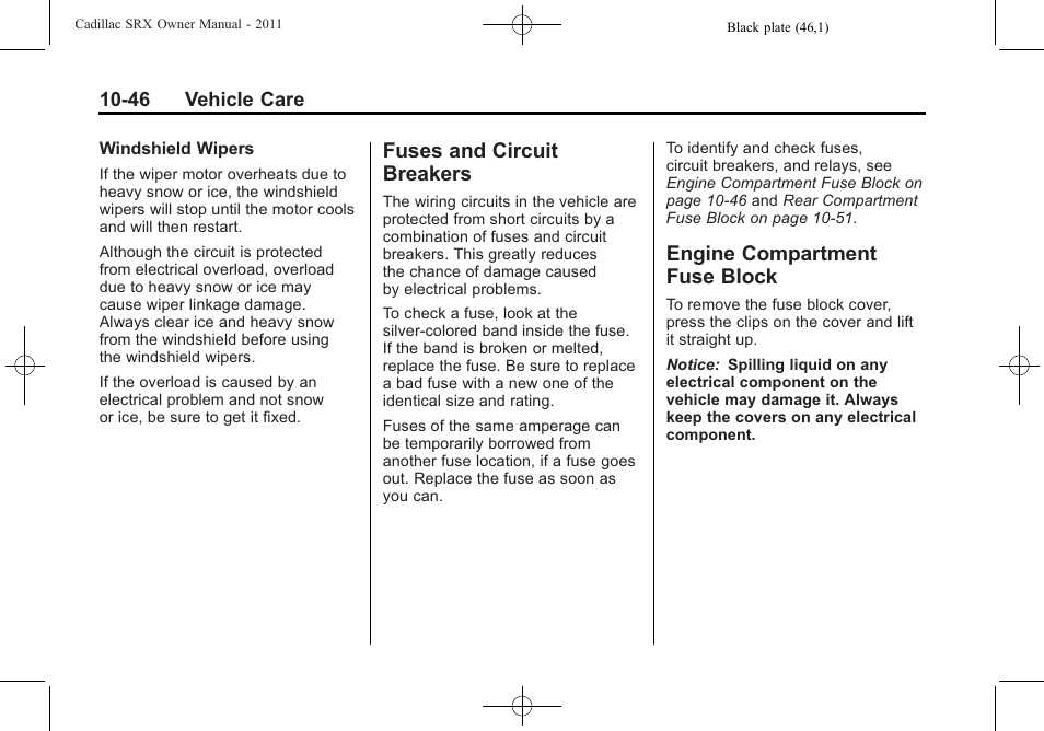 Fuses and circuit breakers, Engine compartment fuse block, Fuses and circuit | Breakers -46, Engine compartment fuse, Block -46 | Cadillac 2011 SRX User Manual | Page 384 / 498