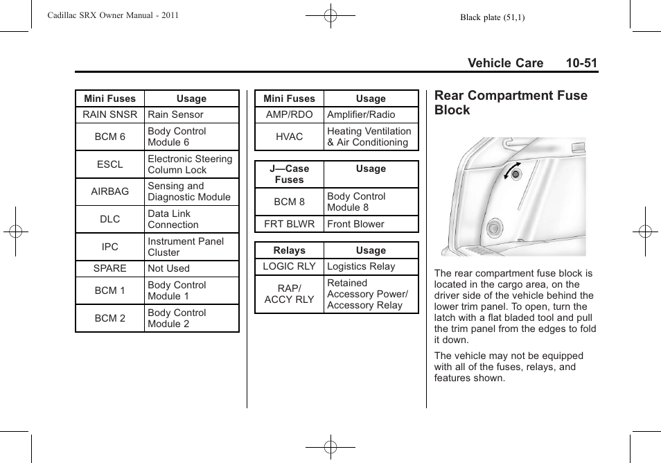 Rear compartment fuse block, Rear compartment fuse, Block -51 | Vehicle care 10-51 | Cadillac 2011 SRX User Manual | Page 389 / 498