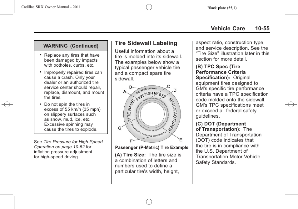 Tire sidewall labeling, Tire sidewall labeling -55, Vehicle care 10-55 | Cadillac 2011 SRX User Manual | Page 393 / 498