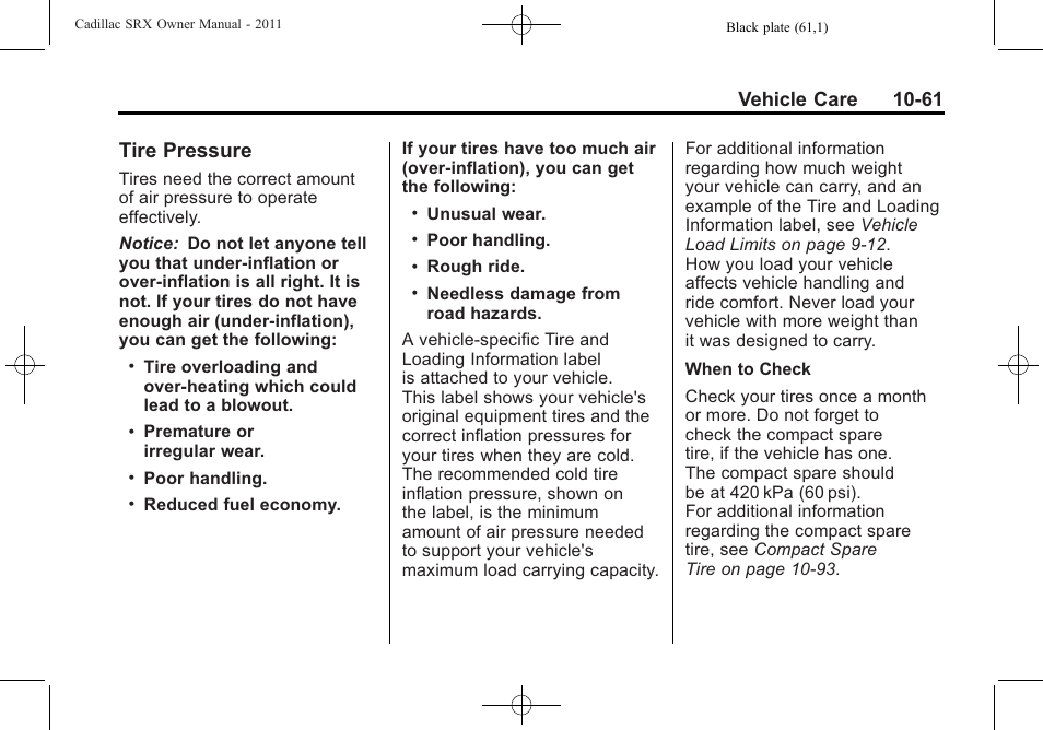 Tire pressure, Tire pressure -61, Vehicle care 10-61 | Cadillac 2011 SRX User Manual | Page 399 / 498