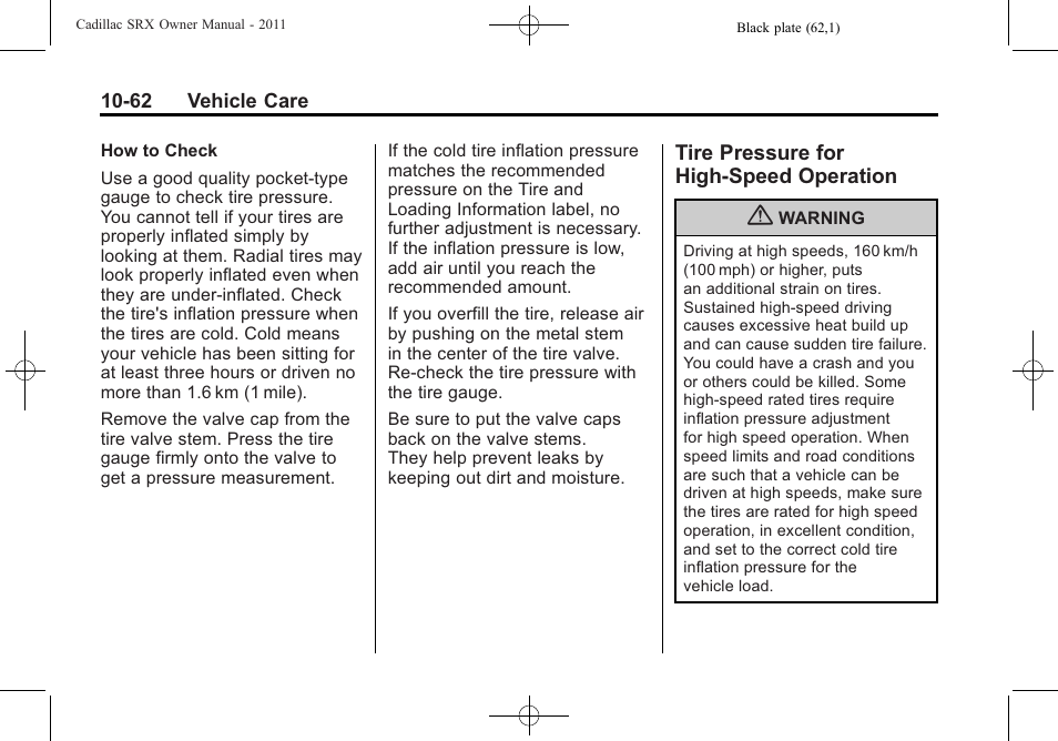 Tire pressure for high-speed operation, Tire pressure for high-speed, Operation -62 | Cadillac 2011 SRX User Manual | Page 400 / 498