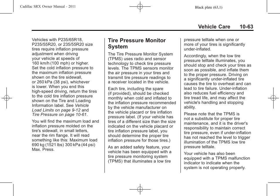 Tire pressure monitor system, Tire pressure monitor, System -63 | Cadillac 2011 SRX User Manual | Page 401 / 498