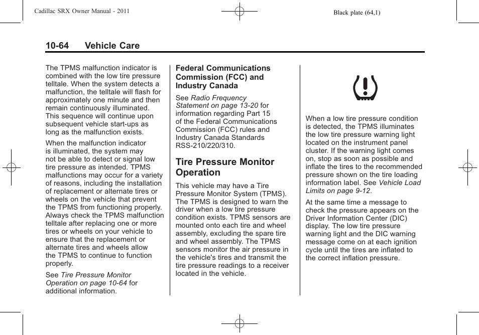 Tire pressure monitor operation, Monitor, Operation -64 | Cadillac 2011 SRX User Manual | Page 402 / 498