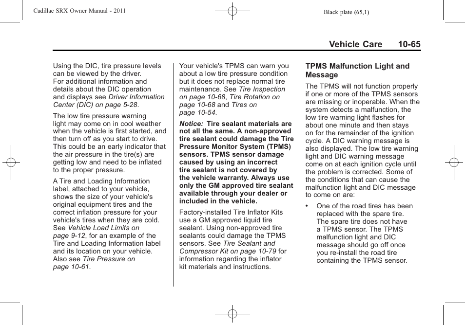 Vehicle care 10-65 | Cadillac 2011 SRX User Manual | Page 403 / 498