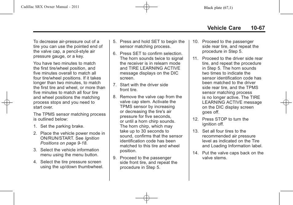 Vehicle care 10-67 | Cadillac 2011 SRX User Manual | Page 405 / 498