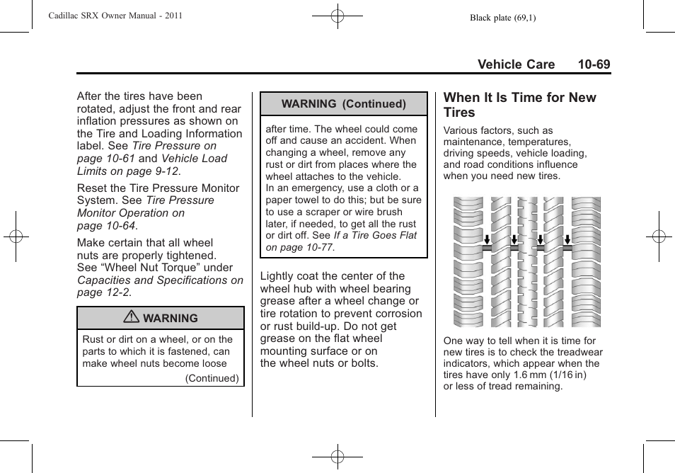 When it is time for new tires, When it is time for new, Tires -69 | Cadillac 2011 SRX User Manual | Page 407 / 498