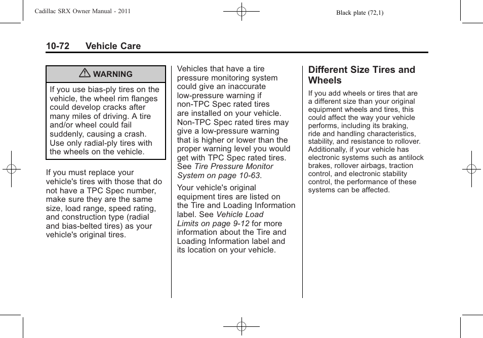 Different size tires and wheels, Different size tires and, Wheels -72 | Cadillac 2011 SRX User Manual | Page 410 / 498