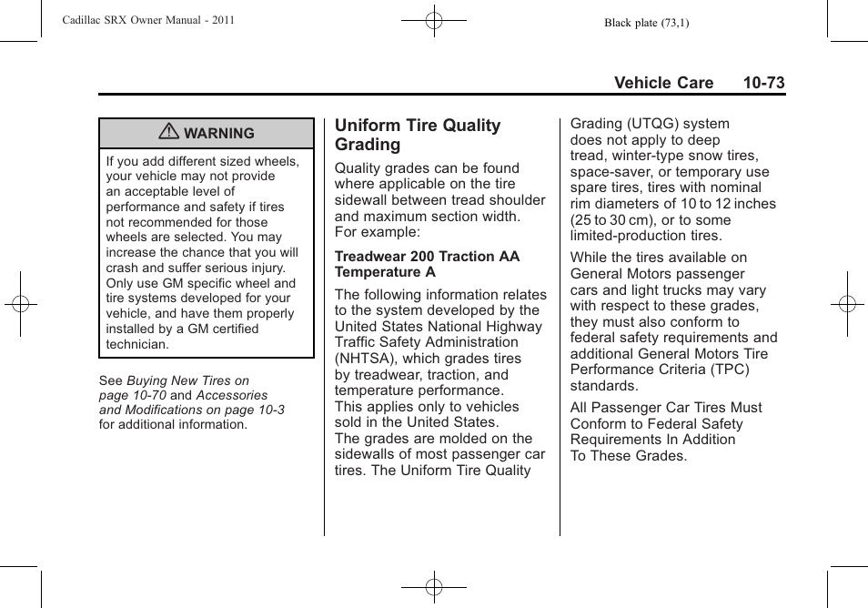 Uniform tire quality grading, Uniform tire quality, Grading -73 | Genuine | Cadillac 2011 SRX User Manual | Page 411 / 498