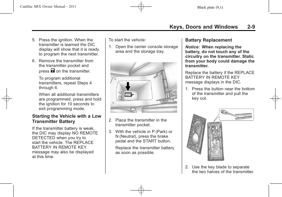 Keys, doors and windows 2-9 | Cadillac 2011 SRX User Manual | Page 43 / 498