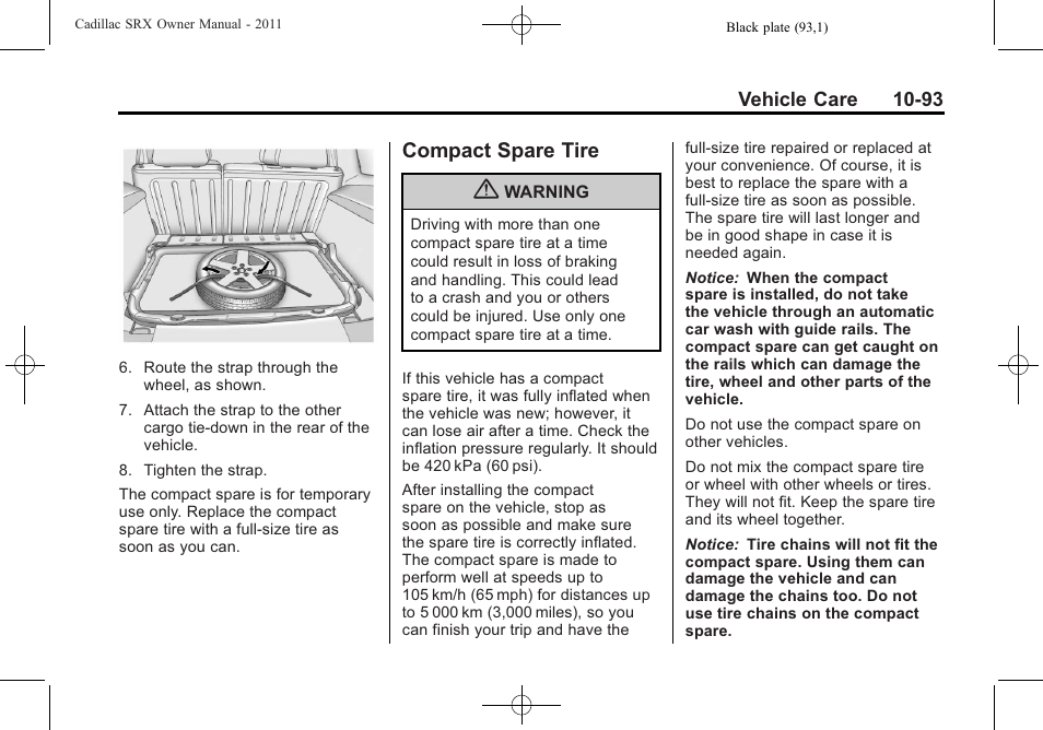 Compact spare tire, Compact spare tire -93 | Cadillac 2011 SRX User Manual | Page 431 / 498