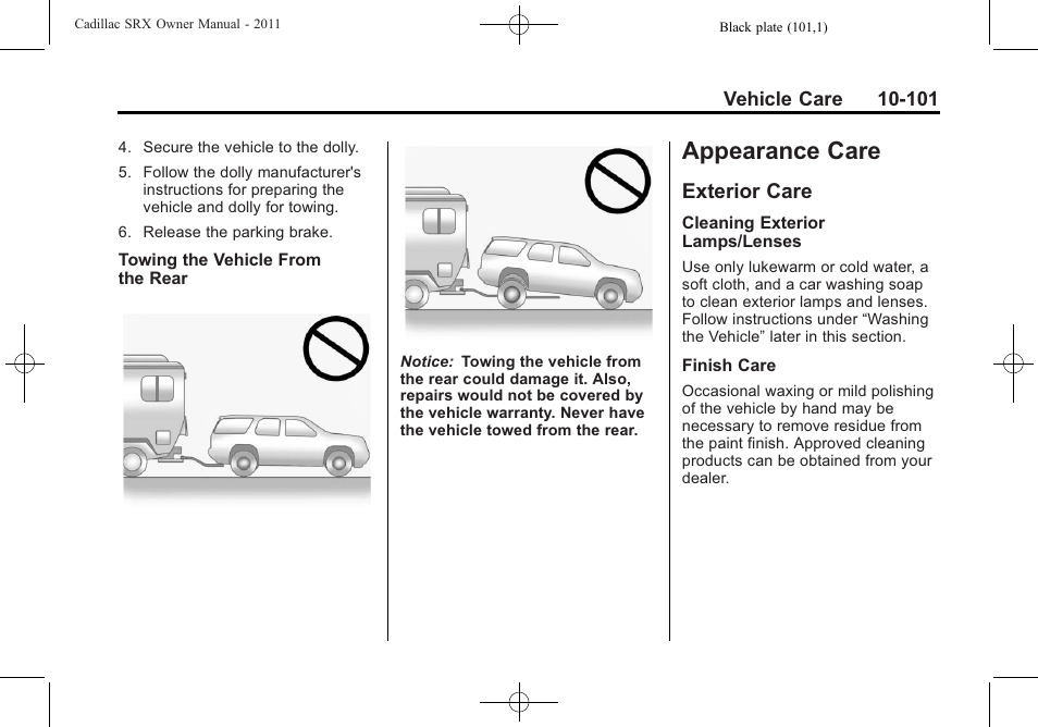 Appearance care, Exterior care, Appearance care -101 | Exterior care -101 | Cadillac 2011 SRX User Manual | Page 439 / 498