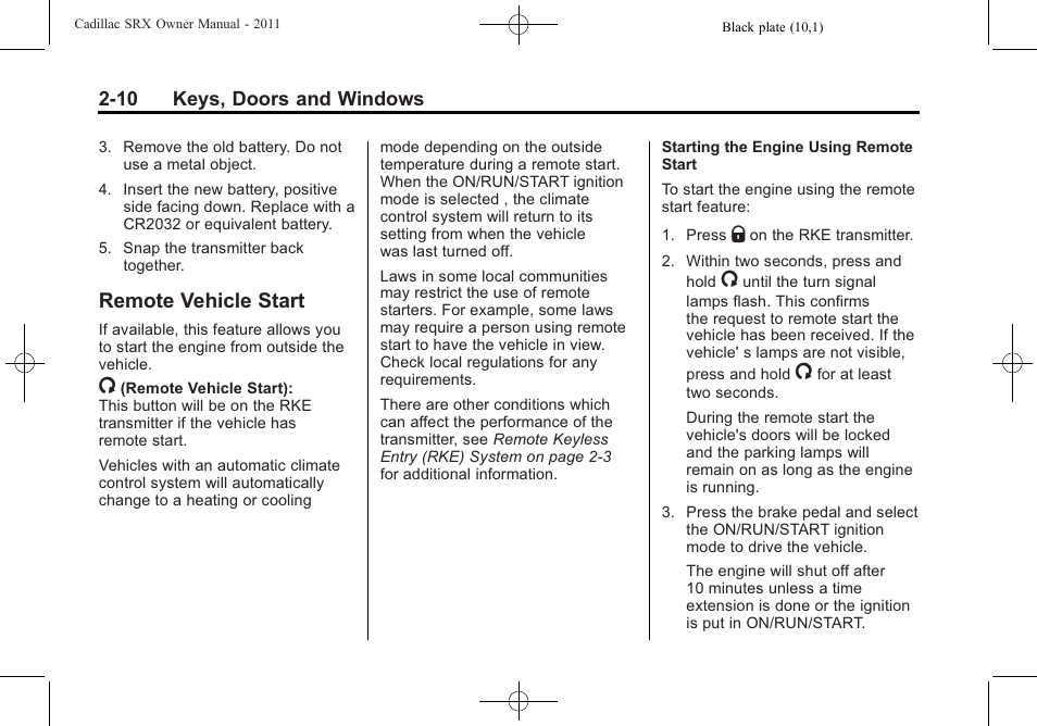 Remote vehicle start, Remote vehicle start -10 | Cadillac 2011 SRX User Manual | Page 44 / 498