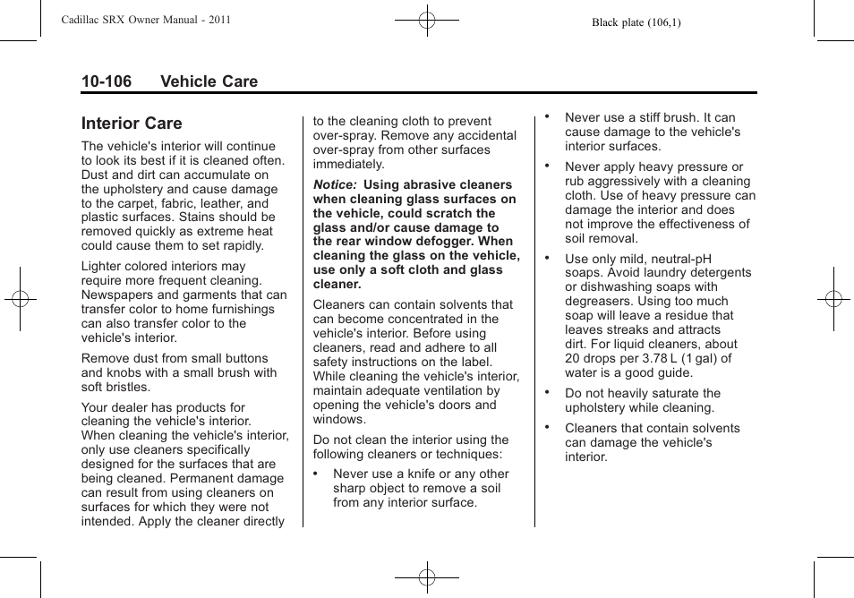 Interior care, Interior care -106, 106 vehicle care | Cadillac 2011 SRX User Manual | Page 444 / 498