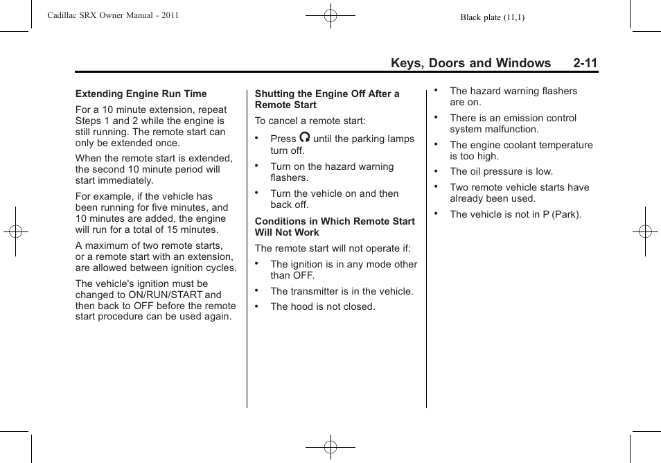 Keys, doors and windows 2-11 | Cadillac 2011 SRX User Manual | Page 45 / 498