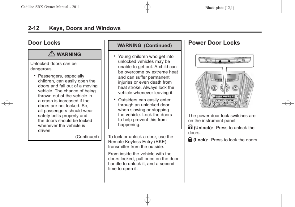 Door locks, Power door locks, Door locks -12 power door locks -12 | Cadillac 2011 SRX User Manual | Page 46 / 498