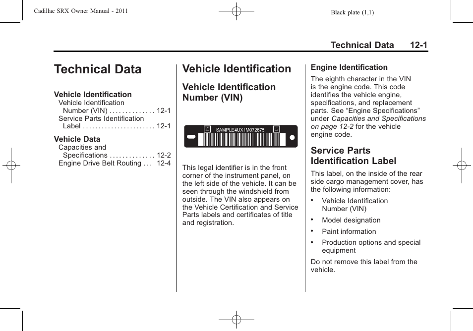Technical data, Vehicle identification, Vehicle identification number (vin) | Service parts identification label, Technical data -1, Identification -1, Technical data 12-1 | Cadillac 2011 SRX User Manual | Page 461 / 498