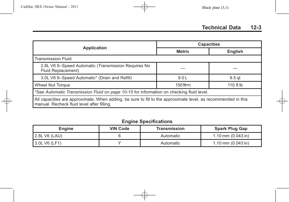Technical data 12-3 | Cadillac 2011 SRX User Manual | Page 463 / 498
