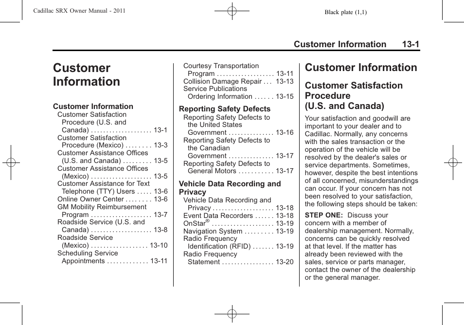 Customer information, Customer satisfaction procedure (u.s. and canada), Customer information 13-1 | Cadillac 2011 SRX User Manual | Page 465 / 498