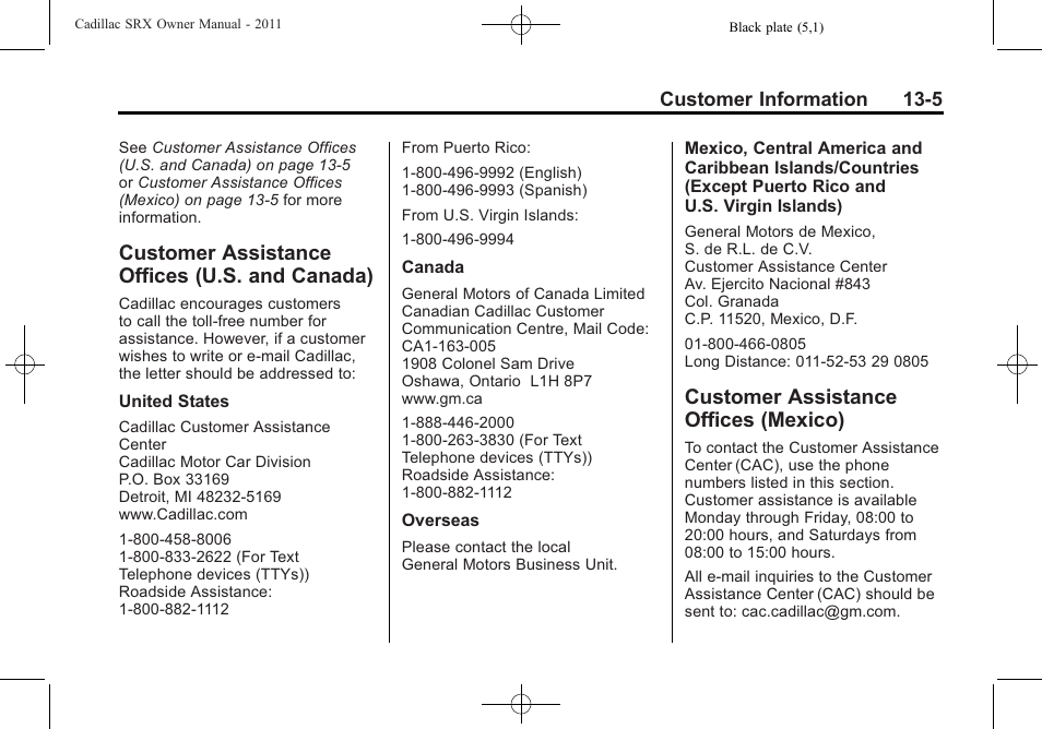 Customer assistance offices (u.s. and canada), Customer assistance offices (mexico), Customer assistance offices | U.s. and canada) -5, Mexico) -5, Reporting | Cadillac 2011 SRX User Manual | Page 469 / 498