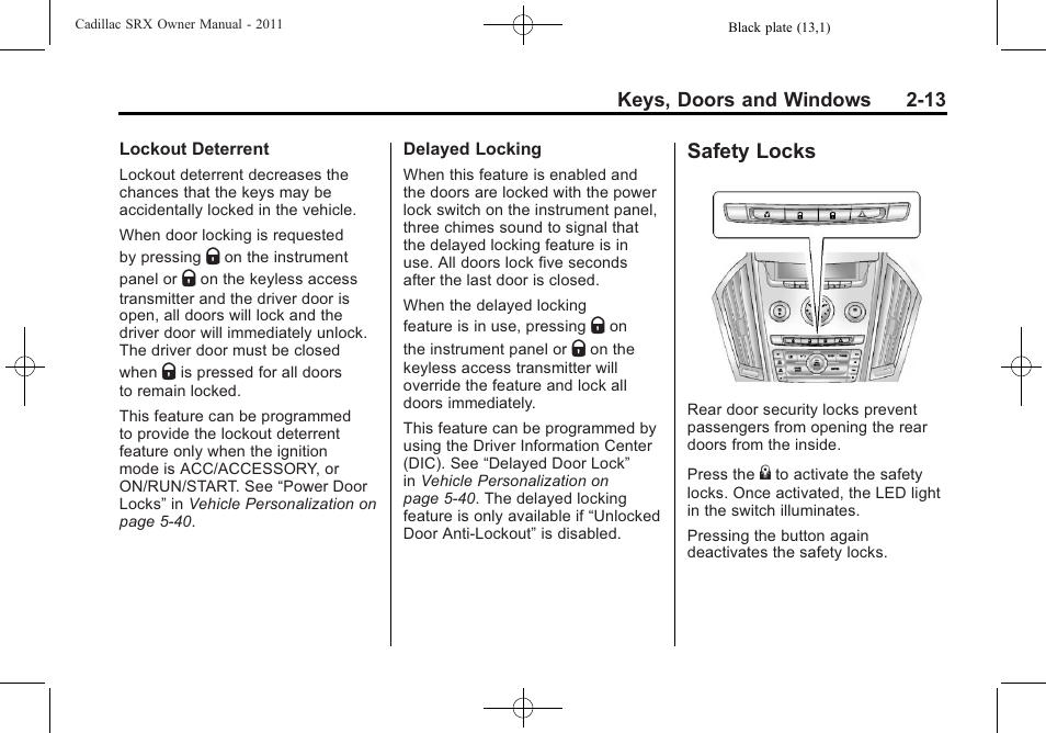 Safety locks, Safety locks -13 | Cadillac 2011 SRX User Manual | Page 47 / 498
