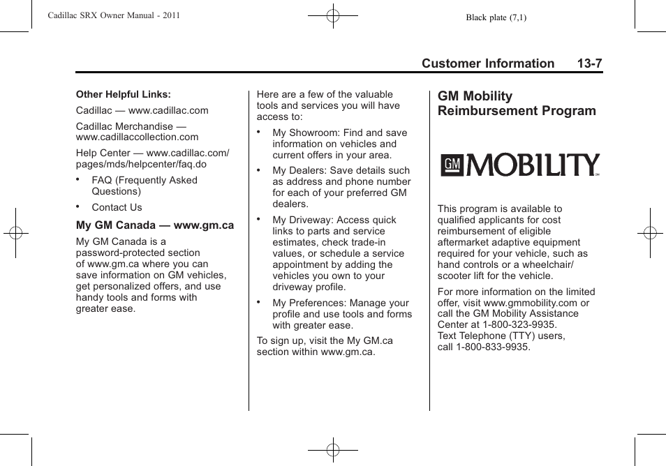 Gm mobility reimbursement program, Gm mobility reimbursement, Program -7 | Customer information 13-7 | Cadillac 2011 SRX User Manual | Page 471 / 498