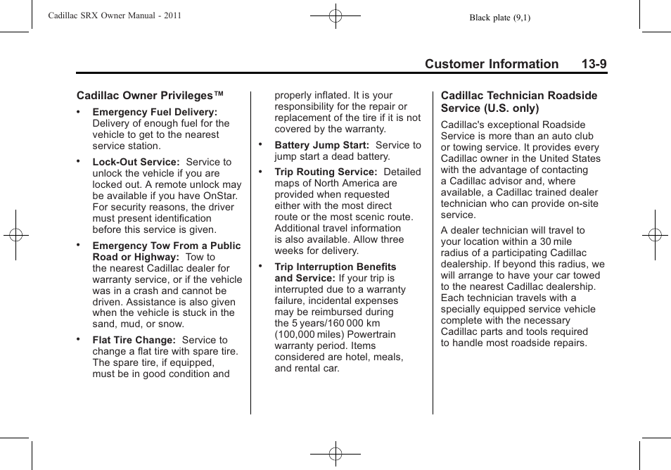 Customer information 13-9 | Cadillac 2011 SRX User Manual | Page 473 / 498
