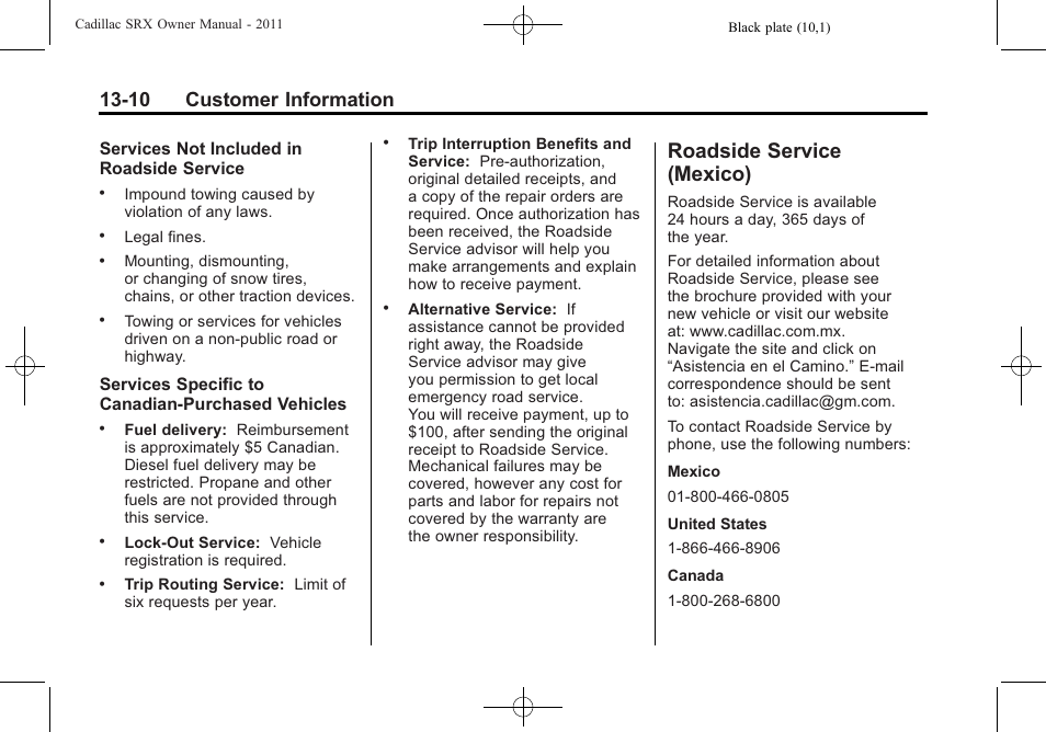 Roadside service (mexico), Roadside service, Mexico) -10 | 10 customer information | Cadillac 2011 SRX User Manual | Page 474 / 498